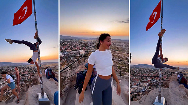 Tanec u tyče s tureckou vlajkou. Turistce hrozí za urážku několik let vězení
